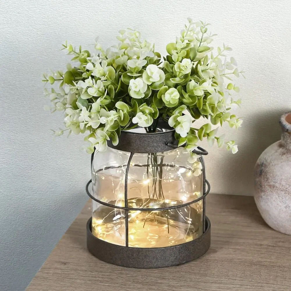 Handmade Rustic Lantern Planter With Artificial Flowers & LED Vintage Glass Vase